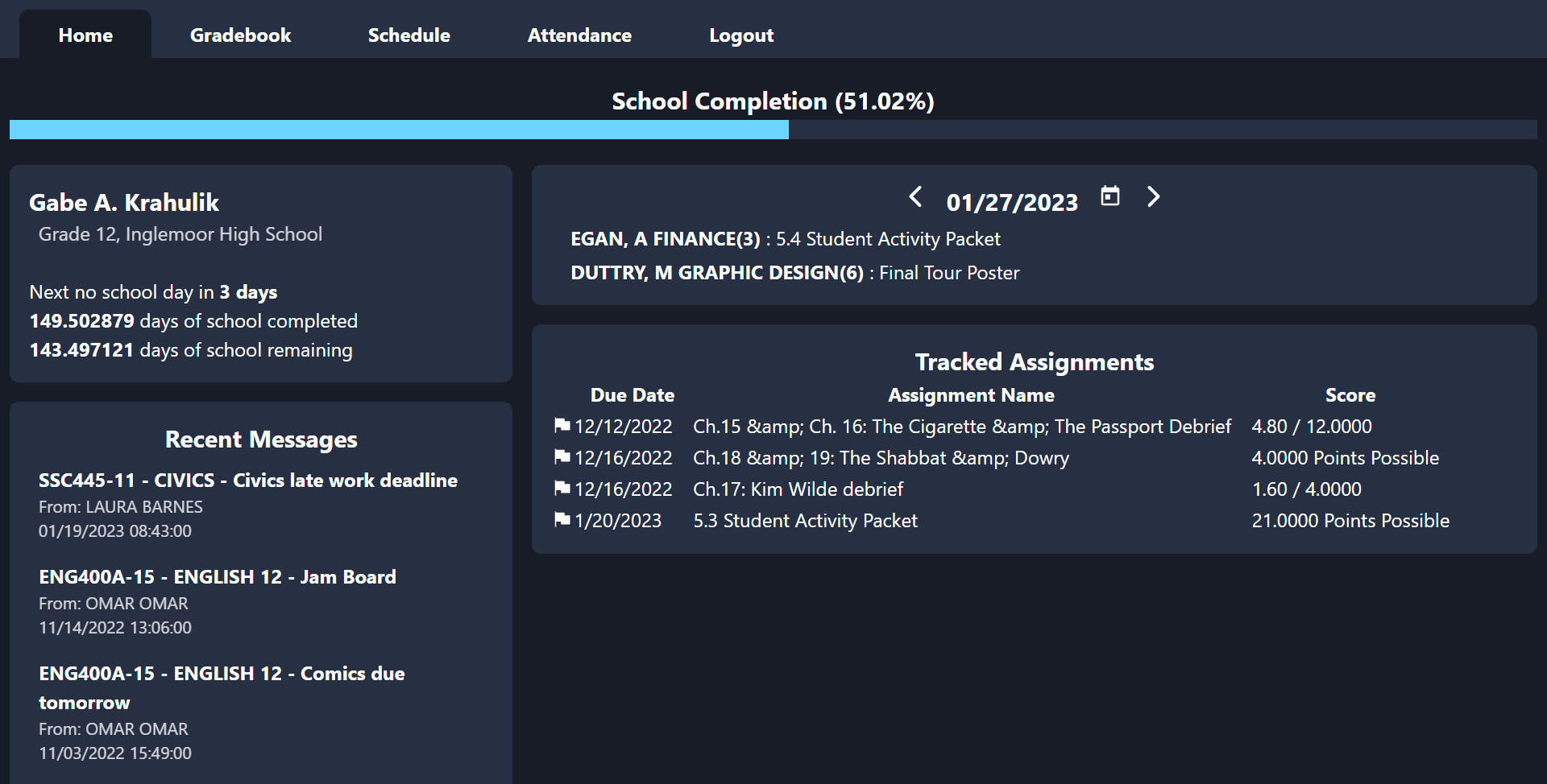 A screenshot of the home page of Better StudentVue