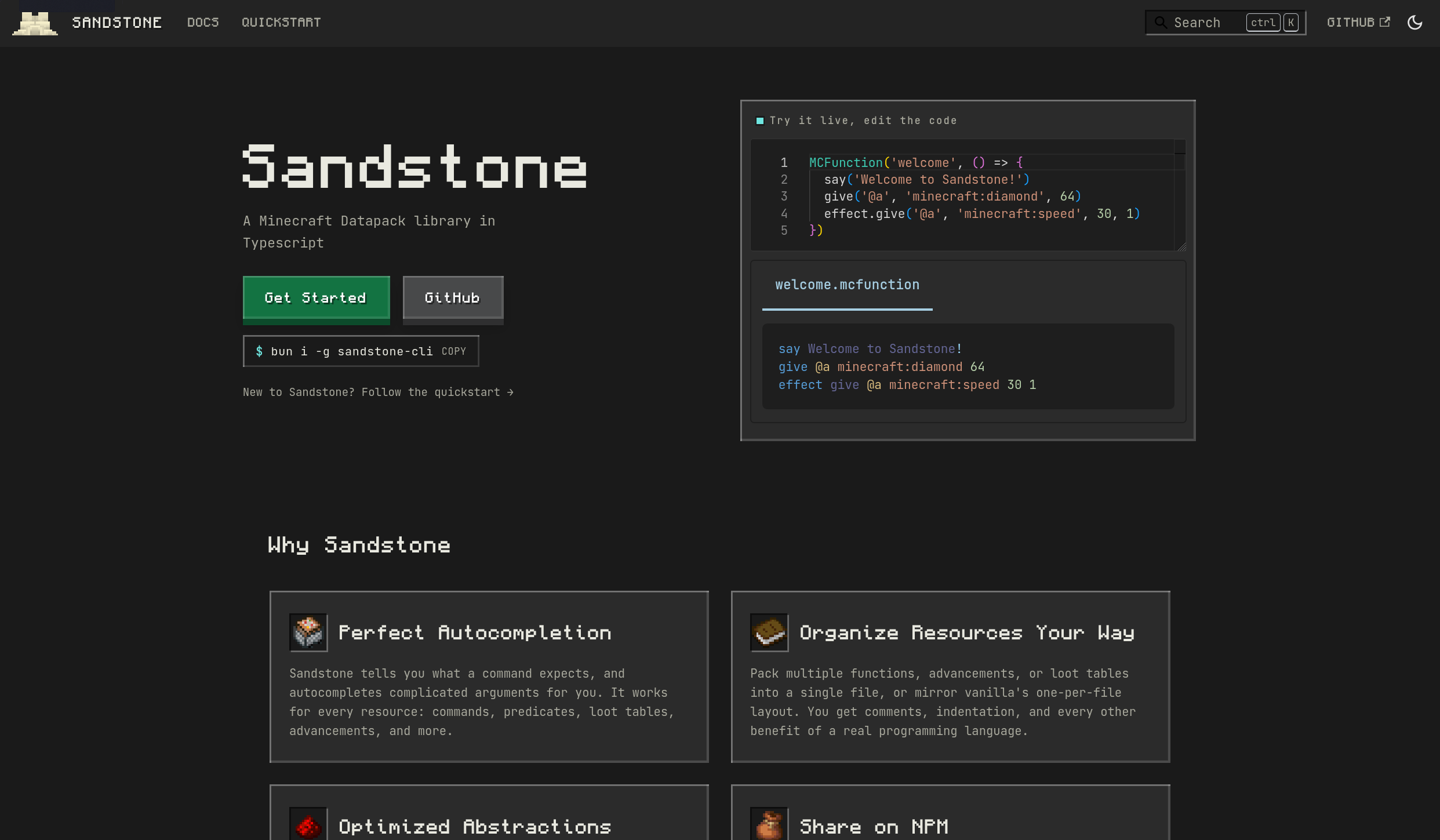 The redesigned Sandstone landing page