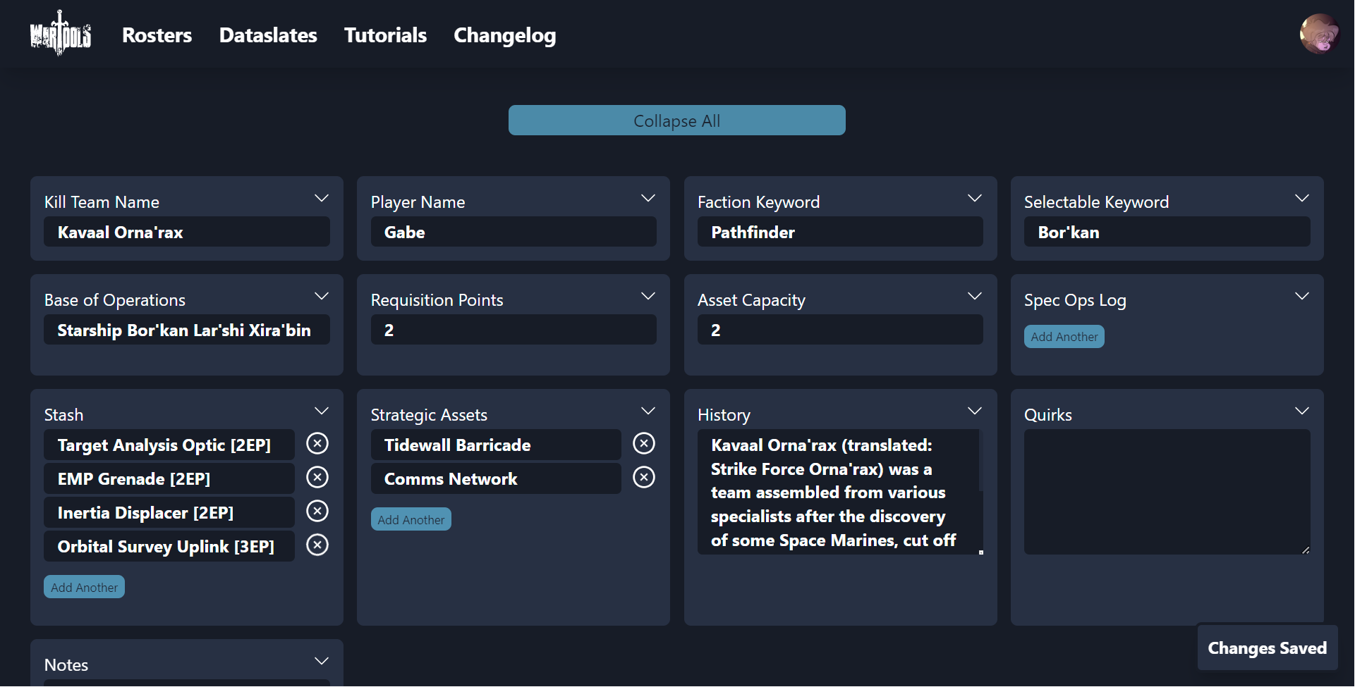 A screenshot of the dataslate tool on War Tools
