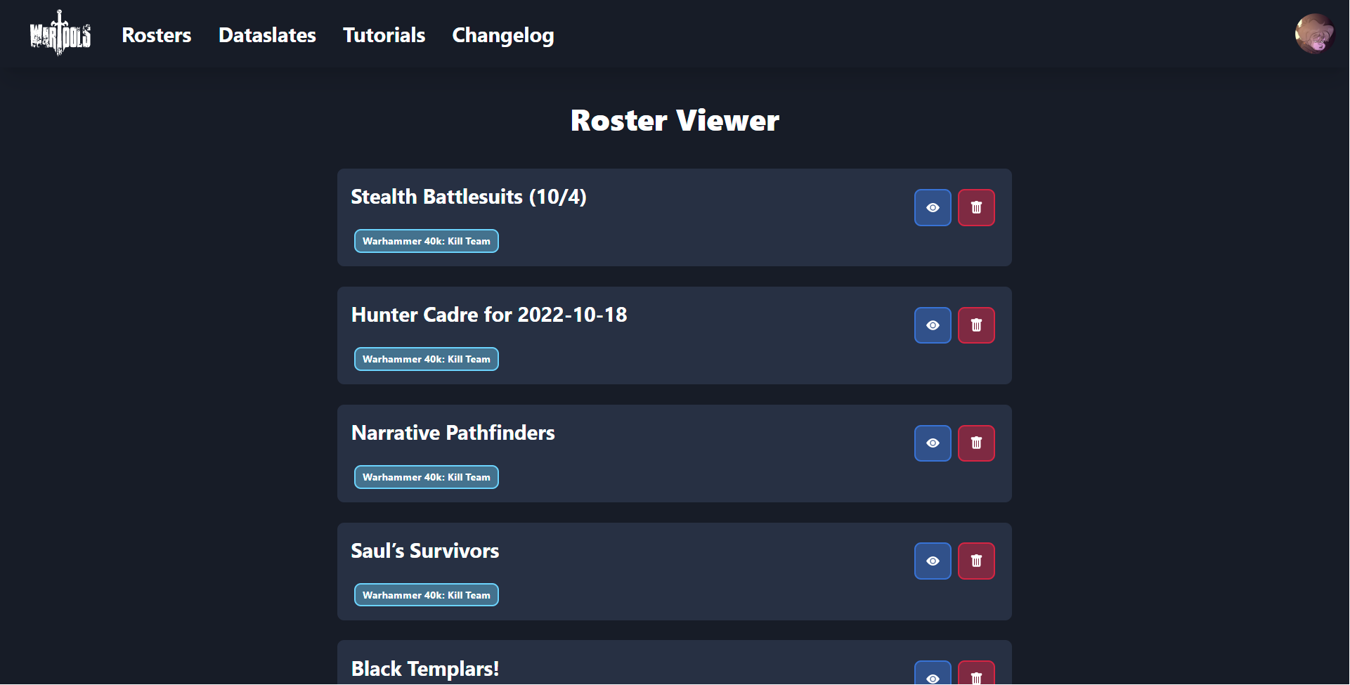 A screenshot of the roster list