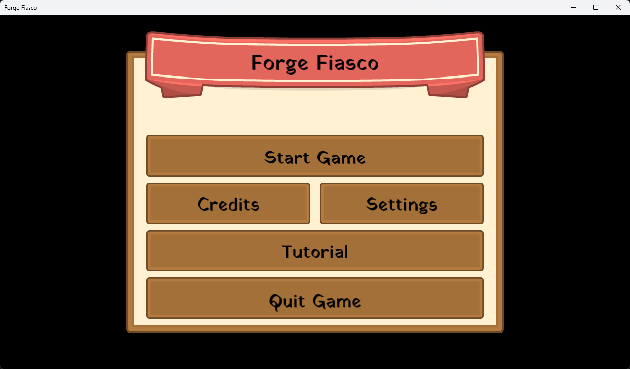 A screenshot of the main menu of Forge Fiasco, the first menu built with my UI framework