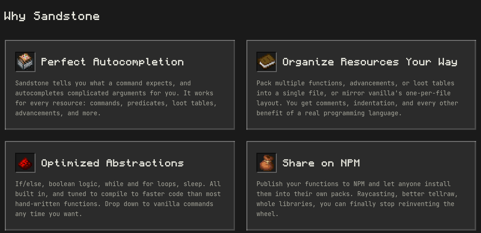 The Why Sandstone feature grid, four cards each with an item icon
