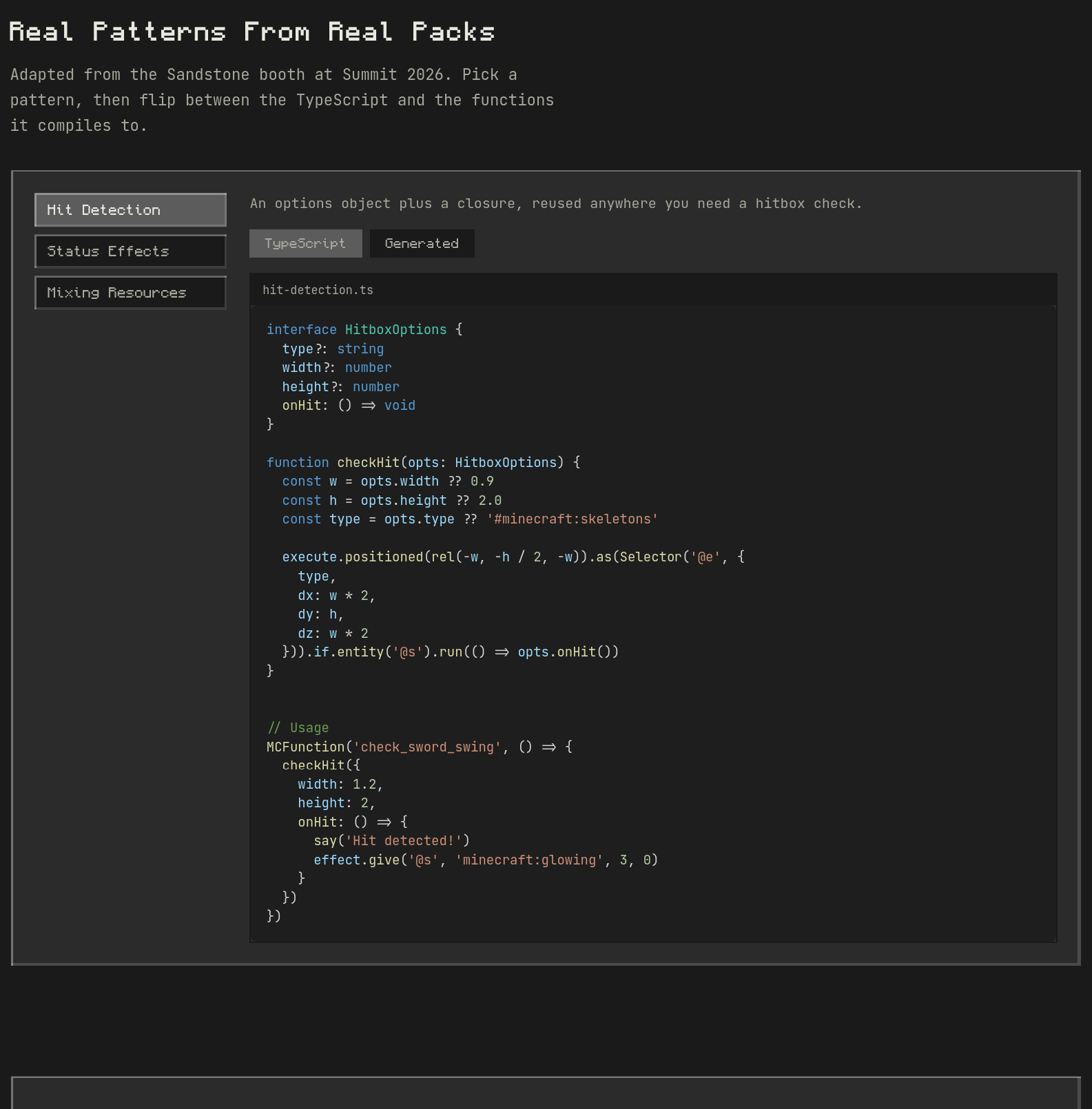 The Real Patterns panel, showing the Hit Detection pattern's TypeScript source next to its sidebar of other patterns